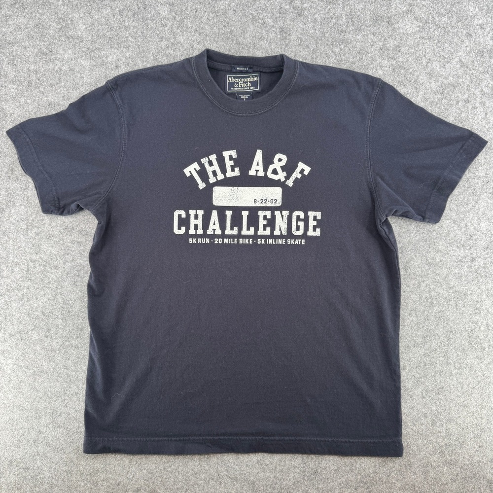 VTG Y2K Abercrombie & Fitch T-Shirt Mens S Muscle Challenge Navy Blue Graphic